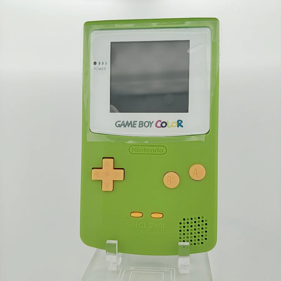 Game Boy Color con pantalla IPS, carcasa verde kiwi y botones amarillos