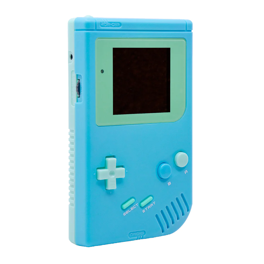 Game Boy DMG con pantalla IPS, carcasa en tonos celestes y verdes pastel con botones celestes en tonos pastel